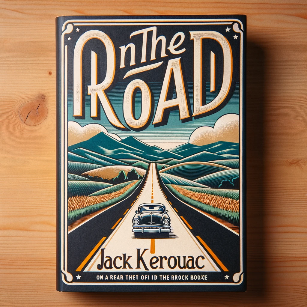 DALL·E 2024-01-04 02.42.45 - A vintage, 1950s-style cover of the book 'On the Road' by Jack Kerouac. The cover features an illustrated, stylized scene of a long, winding road disa