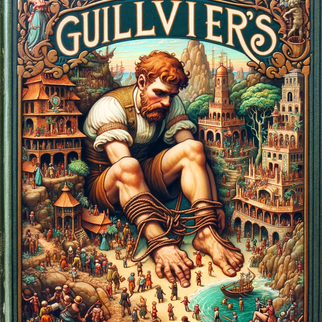 DALL·E 2024-01-04 20.57.36 - A vintage book cover titled 'Gulliver's Travels' in ornate, classic font. The cover features an imaginative and colorful illustration of Gulliver, a C