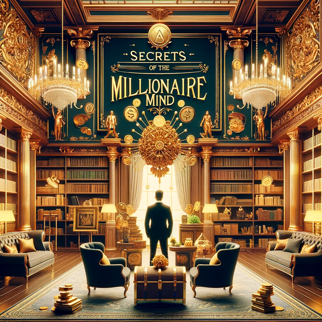 A visual representation inspired by the book 'Secrets of the Millionaire Mind' by T. Harv Eker. The image should feature a large, opulent library with