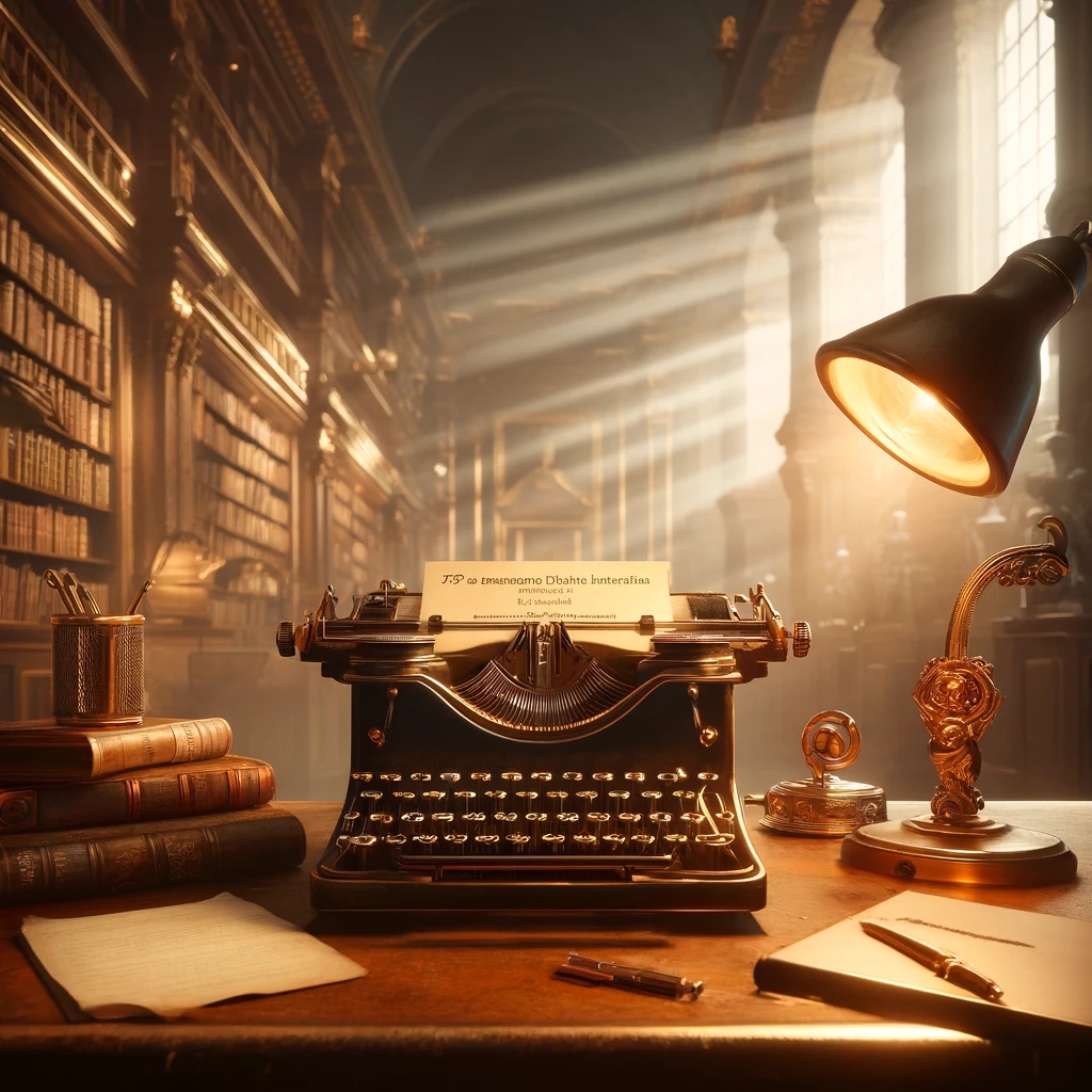 Imagine a visually captivating scene that embodies the spirit of literary achievement and ambition. In the foreground, a classic typewriter sits ato
