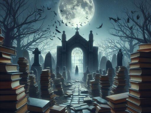 una imagen inspirada en el libro 'la sombra del viento' de Carlos Ruiz Zafon con un cementerio de libros